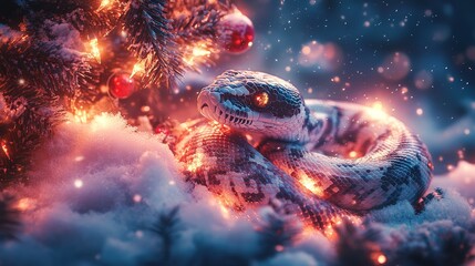 Fototapeta premium Exotic pet snake wrapped in snowy landscape festive lights nature photo holiday environment close-up view for allure