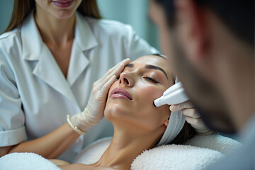 Beauty expert performing facial rejuvenation treatment with laser in a modern spa