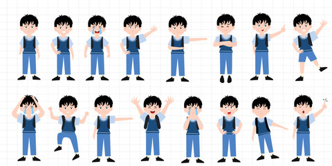 Obraz premium set of popular child boy variant activity. unicorm school diferrent pose character illustration design. simple shirt orange. playing gadget,