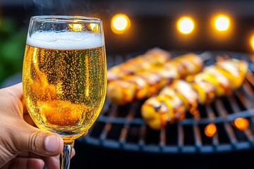 A backyard BBQ scene at night with glowing string lights, grilled food, and friends clinking glasses