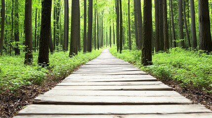 Fototapeta premium A serene wooden path stretches through a lush, green forest