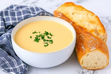 A bowl of soup served with a slice of crusty bread on the side, creating a cozy, comforting meal