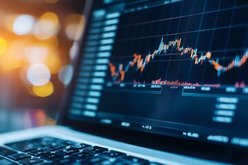A close-up of a laptop screen displaying dynamic stock market graphs and data, symbolizing financial trends and investment analytics in a modern workspace.