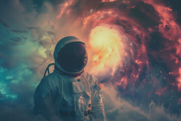  Retrofuturistic portrait of an astronaut navigating a cosmic storm