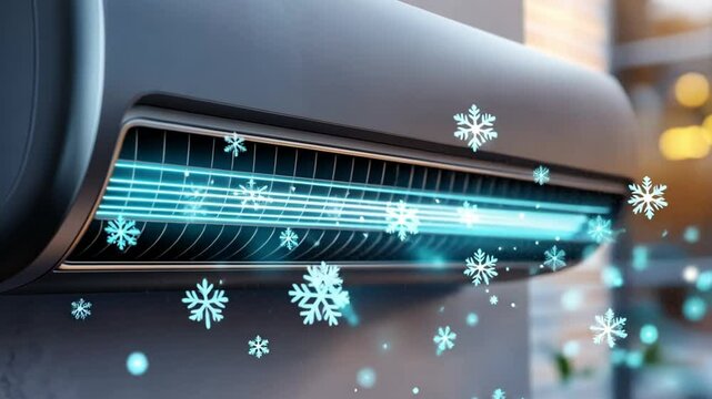 Close-up of an air conditioner blowing cool air, represented by snowflakes.