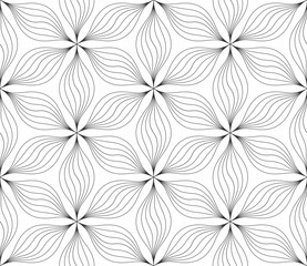 Monochrome vector geometric seamless pattern with floral silhouette, curved lines. Repetitive texture.