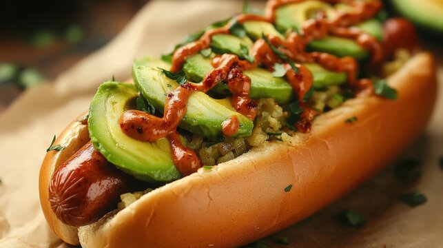 Delicious hot dog topped with fresh avocado and spicy sauce at a casual outdoor eatery