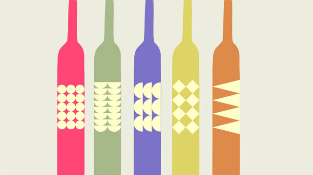 Wine bottles featuring bold, hand-drawn motifs in vibrant colors create a charming and inviting banner perfect for parties or winery events.