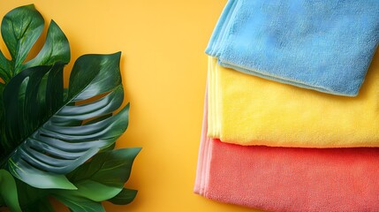 Stack of blue, yellow, and coral towels paired with vibrant green tropical leaves, arranged on a bright yellow background.