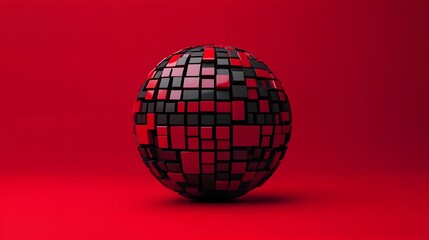 A 3D abstract sphere made of red and black cubes on a vibrant red background, symbolizing modern design and innovation.