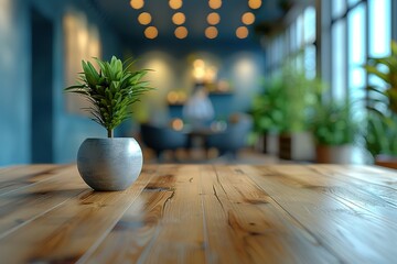 Fototapeta premium Small potted plant on a wooden table in a modern cafe.