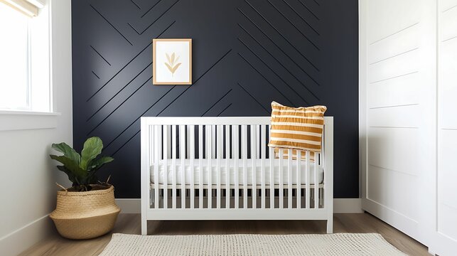 Christmas nursery decor ornament modern. A modern nursery with a white crib, decorative pillow, and a dark accent wall, featuring a plant and framed artwork.