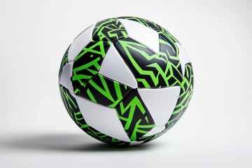 A stylish soccer ball with black and green geometric designs against a white backdrop
