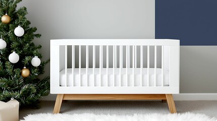 Christmas nursery decor ornament modern. A modern nursery featuring a white crib, cozy rug, and decorated Christmas tree, creating a serene and festive atmosphere.