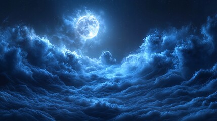 Fototapeta premium Moonlight brilliantly illuminates clouds, creating a mystical atmosphere at night