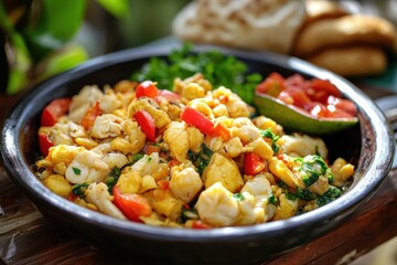 Ackee and saltfish is a classic Jamaican meal featuring salted cod and ackee accompanied by callaloo and johnny cakes