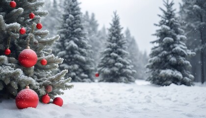 Winter Wonderland Christmas Tree Decorated with Red Ornaments in Snowy Forest