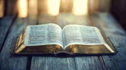 Obraz premium Close-up of open Bible on wooden table, sunlight illuminating sacred text, serene contemplative scene with ample copy space for text or design. 