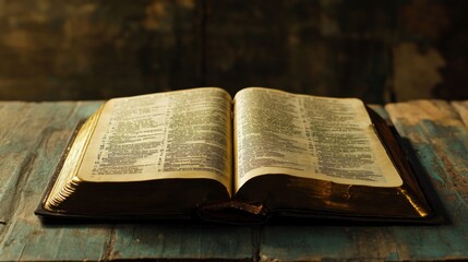 Obraz premium Close-up of open Bible on wooden table, sunlight illuminating sacred text, serene contemplative scene with ample copy space for text or design. 