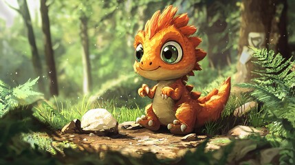 Obraz premium Cute baby dinosaur mascot in a vibrant forest setting, showcasing playful charm and creativity