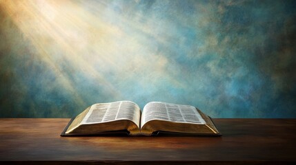 Close-up of open Bible on wooden table, sunlight illuminating sacred text, serene contemplative scene with ample copy space for text or design.	