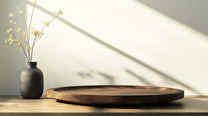 Fototapeta premium Round wooden tray with dark vase in soft sunlight