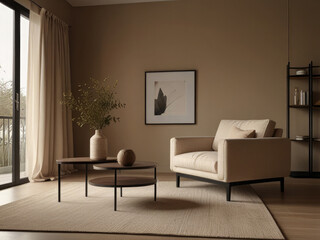 Minimalist, japandi style interior design of modern living room. Boucle sofa and accent armchair against beige wall with frame.