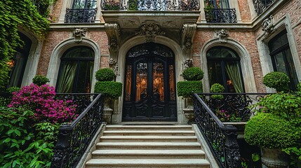 Fototapeta premium A grand entrance to a stately home with ornate details and lush greenery.