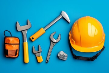 A flat design of a construction helmet and tools, arranged neatly in geometric shapes