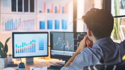 Business analyst businessman analyzing market trends and financial data with graphs and spreadsheets visible in a modern office