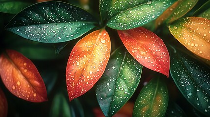 Fototapeta premium Close-up of green, orange and red leaves with water droplets.