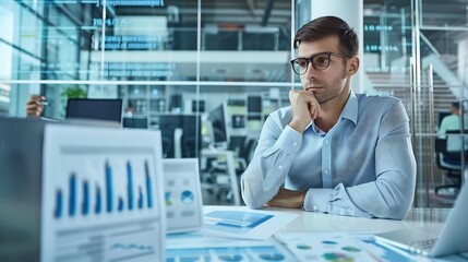 Business analyst businessman analyzing market trends and financial data with graphs and spreadsheets visible in a modern office