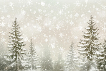 Obraz premium Snowy fir trees in winter landscape.