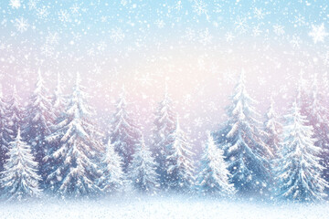 Obraz premium Snowy winter wonderland forest scene with falling snowflakes.