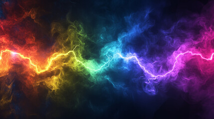 Vibrant rainbow lightning bolt in smoky atmosphere