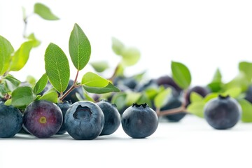 Blueberries and leaves on a white background