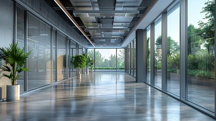 Empty hallway in a modern office building with large windows and glossy floors.
