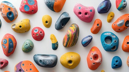 Colorful climbing holds scattered on a white background.