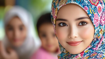 Obraz premium Portrait of a smiling woman in a colorful hijab, showcasing beauty and cultural diversity with soft background and bright expressions.