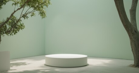 Serene Minimalist Product Display: A pristine white cylindrical pedestal sits serenely in a minimalist garden setting, bathed in soft sunlight, offering a tranquil backdrop for product showcasing. 