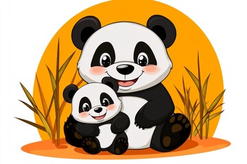 Obraz premium A panda bear mother holding her cub in a cozy bamboo grove