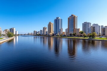 Fototapeta premium A panoramic shot of a city skyline by the water, with shimmering reflections of the buildings on the surface