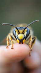 close up of wasp perched on finger, showcasing its intricate features and vibrant colors. image captures wasp detailed eyes and body, highlighting its natural beauty