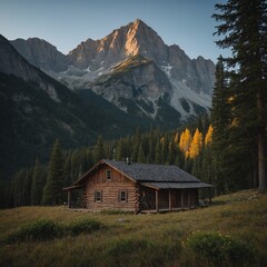 A lone cabin nestled among mountain trees, with a clear background of towering peaks.