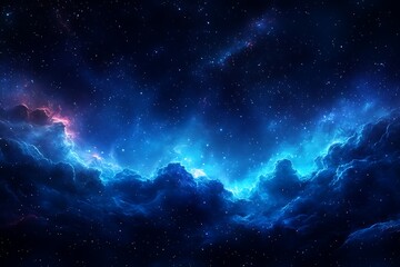 Obraz premium Panorama blue night sky milky way and star on dark background.Universe filled with stars, nebula and galaxy with noise and grain.Photo by long exposure and select white balance.Dark night sky.