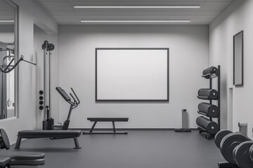 A gym with a white board on the wall and a bench