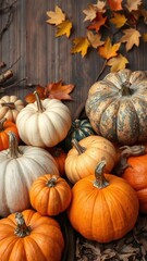 A rustic fall background featuring a variety of pumpkins in different sizes and colors, set against a backdrop of autumn leaves and twigs, November
