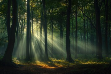 Obraz premium The forest is full of trees and the sun is shining through the leaves