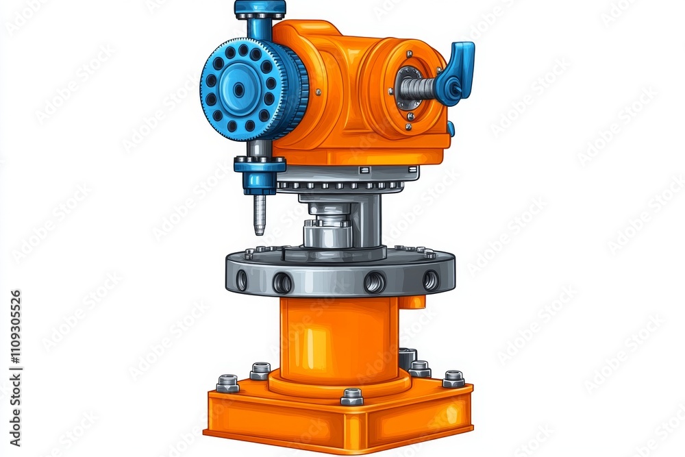 Poster a clean 2d drawing of a cnc milling head, depicted with vibrant colors and sharp details, on a white