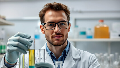 Image of scientific data processing over caucasian male scientist with test tubes in laboratory with a white accent, png